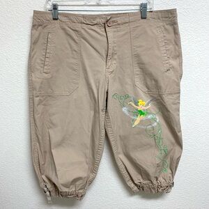 DISNEY Tinkerbell Graphic Khaki Tan Beige Crop Cargo Capri Pants Women’s Sz 14